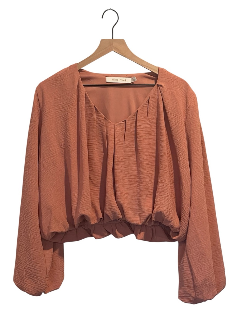 Bishop + Young Bubble Hem Long-Sleeve Blouse, Cropped, V Neck, Pink, Size M - Picture 2 of 16